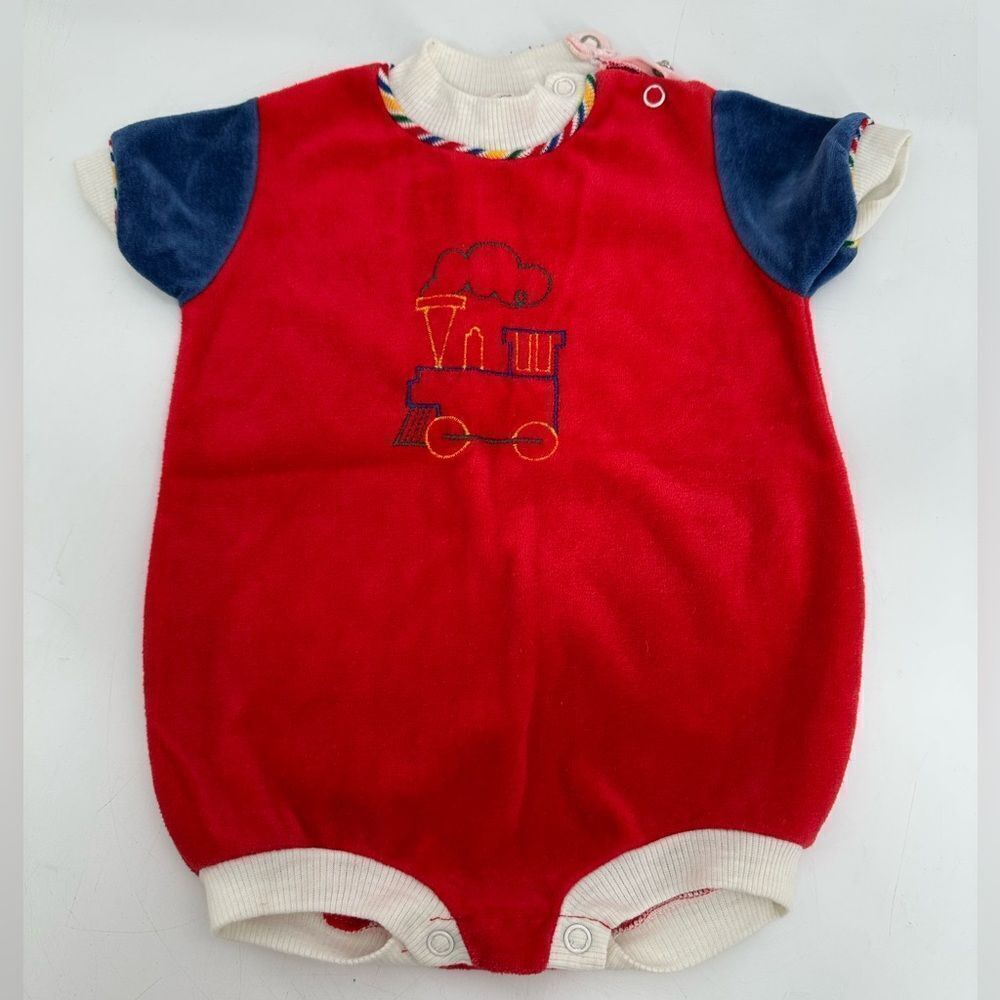 Vintage Doe Spun Red Baby Romper with Train Embroidery